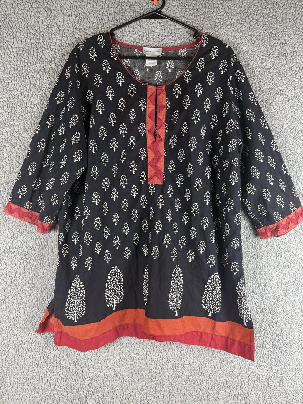 Soft Surroundings Tunic Top 1X Cotton Bohemian Black Floral Orange Trim India